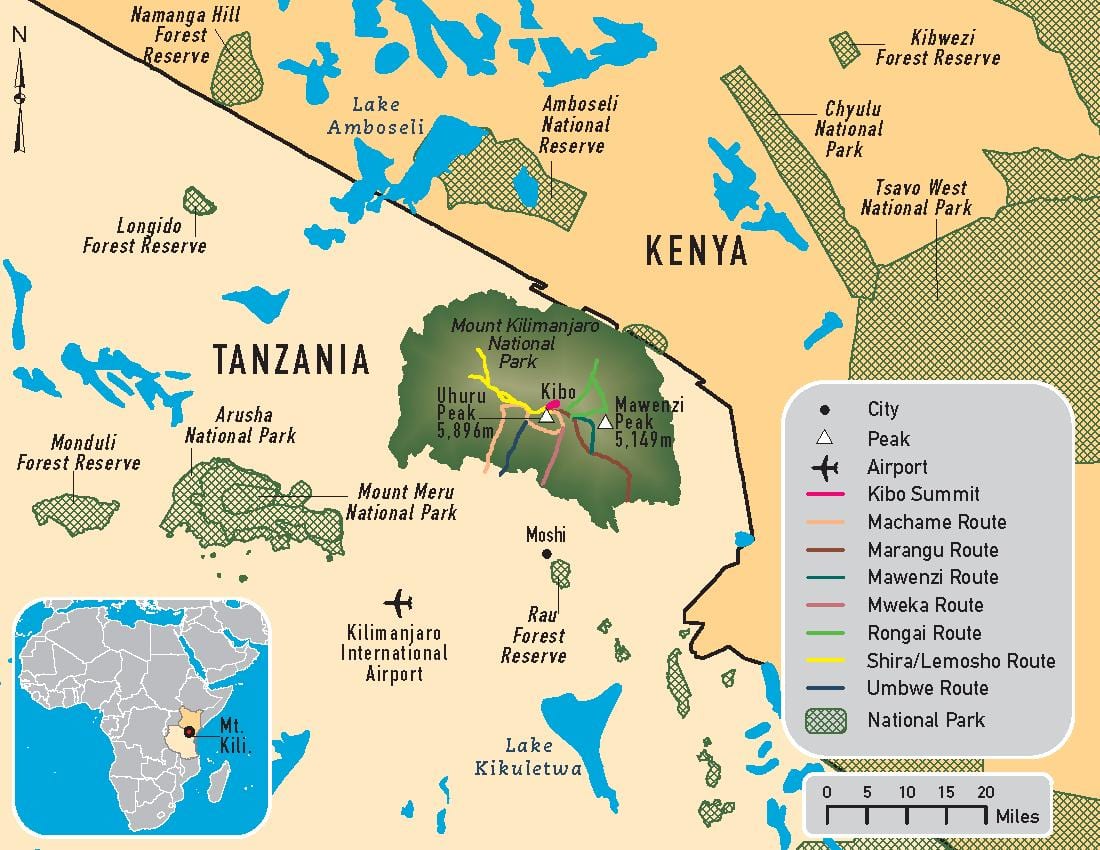 Kort af tansaníu kilimanjaro