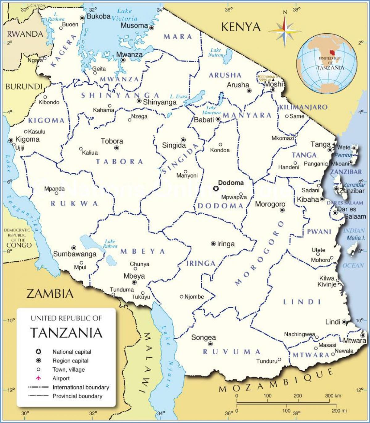 Kort af tansaníu með umdæmi